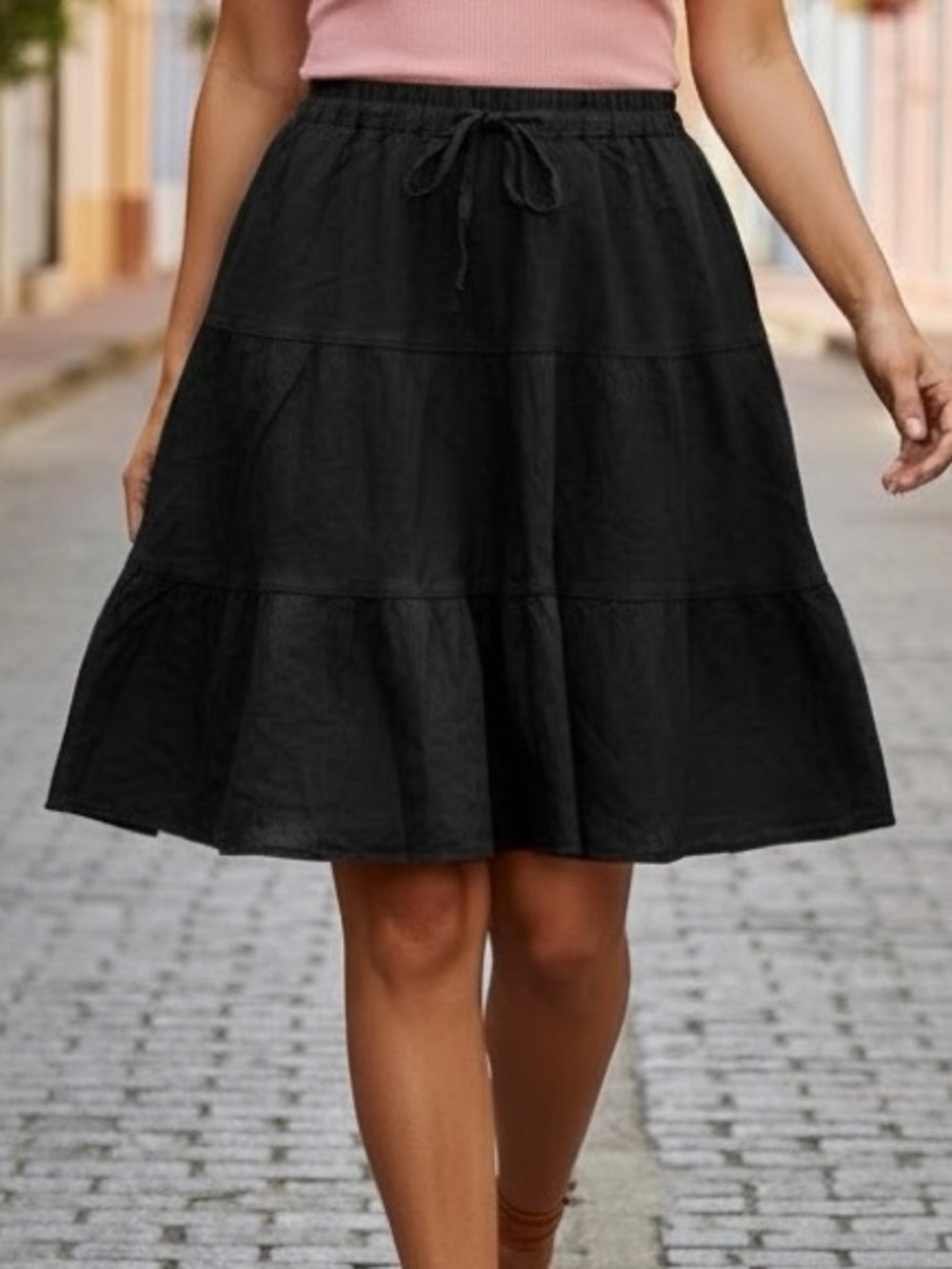 Alan Alan Black Linen Tiered A-Line Skirt